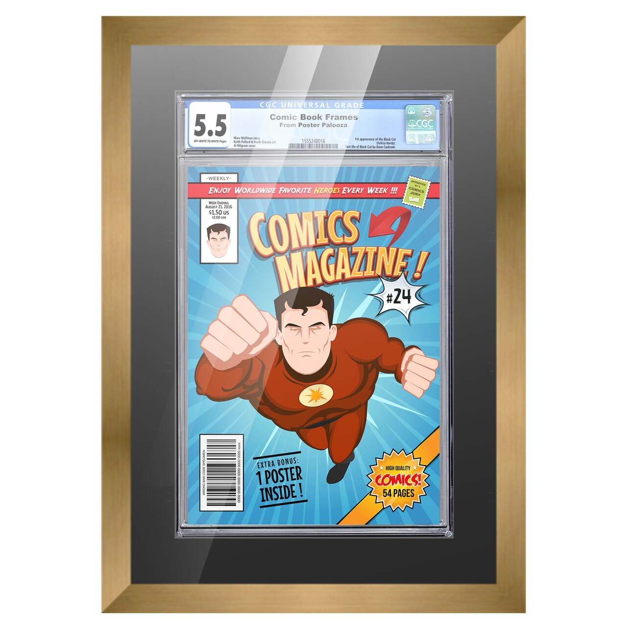 Comic Book Display Frame for CGC, PGX Graded, Slabed Comics - Bronze Wood Comic Frame With Black Mat for 8.125x13 Comics, 18 Frame Sizes